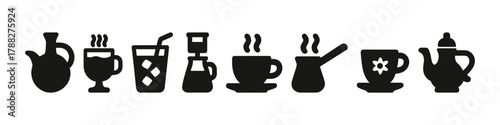 Variety of beverage icons: cups, teapots, mugs, glasses, and kettles