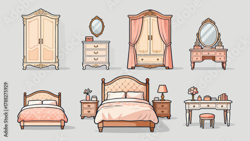 A collection of bedroom supplies, featuring cartoon hand-drawn vector illustrations, including beds, quilts, pillows, dressing tables, table lamps and bedside tables