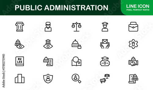 Public Administration Thin Icon Set. Lightweight, precise icons for government operations, office applications, and public service management tools.
