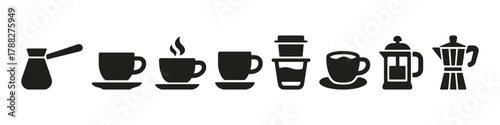 Silhouette icons of various coffee cups and brewing devices