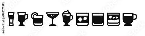 Silhouette icons of various beverage glasses in a row