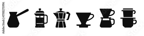 Silhouette set of coffee makers: moka pot, french press, dripper, cup