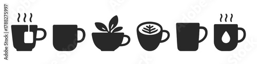 Set of coffee and tea mug icons with steam and leaf decorations