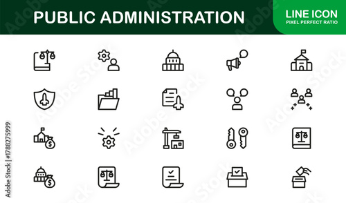 Public Administration Flat Icon Set. Clear, minimal icons for administrative tasks, citizen engagement, and policy monitoring applications.
