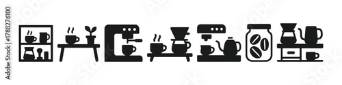 Stylized coffee brewing equipment icons in minimalist black designs