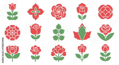 A collection of stylized red and green rose floral design elements