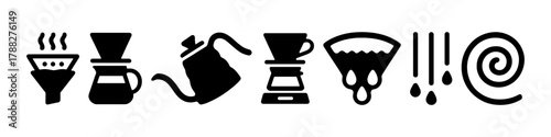 Coffee brewing icons: pour over, drip, kettle, filter, swirl