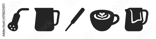 Coffee making essentials: milk jug, frother, latte art, tools icon set