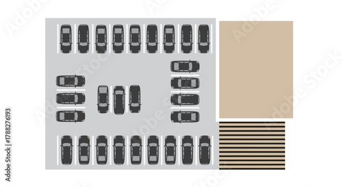 Overhead view of a parking lot with neatly arranged vehicles