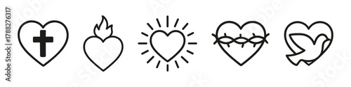 Line art icons: heart with cross, flame, rays, crown of thorns, dove