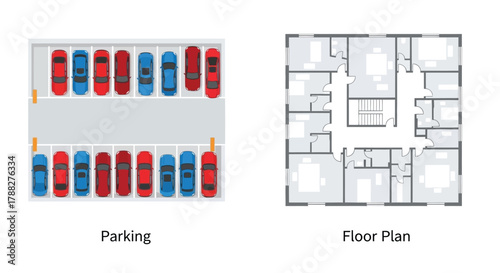 Architectural plans displaying a parking area and residential floor plan layout