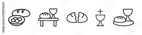 Simple line art of eucharist symbols: bread, wine, chalice, cross