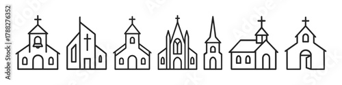 Collection of linear church icon designs with various architectural styles