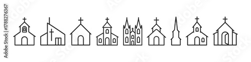 Set of church line icons featuring various architectural styles