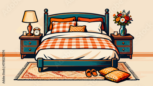 A collection of bedroom supplies, featuring cartoon hand-drawn vector illustrations, including beds, quilts, pillows, dressing tables, table lamps and bedside tables