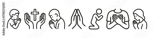 Various religious prayer icons in black and white outline style