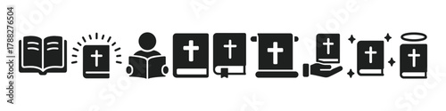 Icons of bible and reading figures with christian symbols