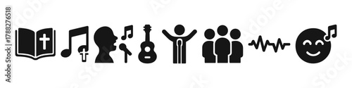 Music and worship icons: bible, singing, guitar, group, soundwave, emoji