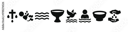 Baptism symbols silhouette: cross, dove, chalice, and water elements