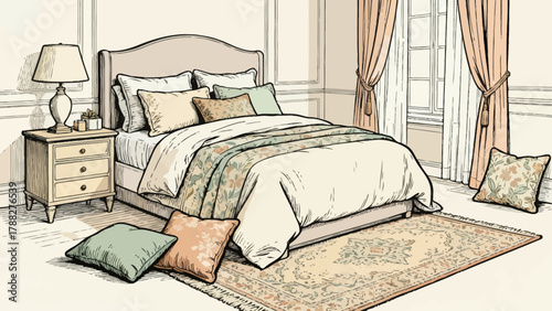A collection of bedroom supplies, featuring cartoon hand-drawn vector illustrations, including beds, quilts, pillows, dressing tables, table lamps and bedside tables