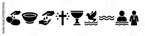 Symbols of baptism and communion: water cross chalice dove priest