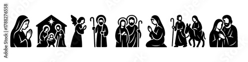 Nativity scene silhouettes with mary, joseph, baby jesus, and angels