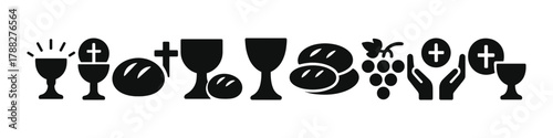 Symbols of communion: chalice, bread, grapes, cross, and hands