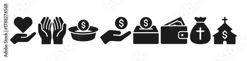 Charity symbols: donation, giving, finance icons for non-profit and religious organizations