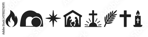 Religious symbols: nativity, crucifix, candle, palm, flame, star icons