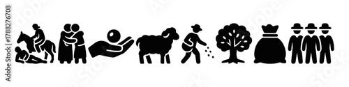 Simple silhouettes: family, farming, nature, community symbols