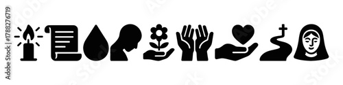 Symbols of faith and compassion: candle, book, water, profile, flower, hands, heart, cross, nun