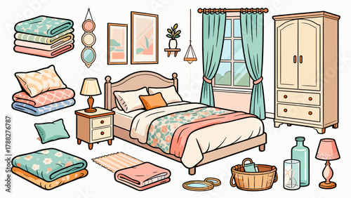 A collection of bedroom supplies, featuring cartoon hand-drawn vector illustrations, including beds, quilts, pillows, dressing tables, table lamps and bedside tables