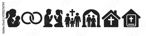 Family and faith symbols: motherhood, marriage, prayer, church, community