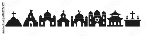 Silhouette icons of diverse religious temples and symbols