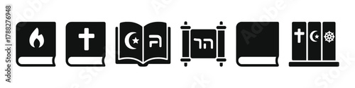 Religious symbols of major world religions in black icon set