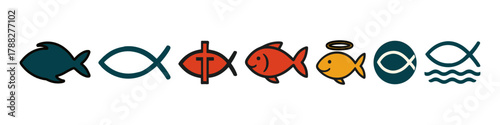 Colorful fish symbols with varied shapes and designs in a row