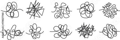 Doodle clew. Chaos lines, hand drawing tangled clew, insane mess scribble, confused brain thinking doodle, clutter complicated concept. Squiggles and scrawl vector set
