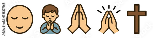 Prayer and faith symbols: emoji faces and hands with christian cross