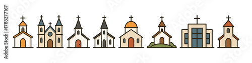 Collection of diverse church building icons in various architectural styles