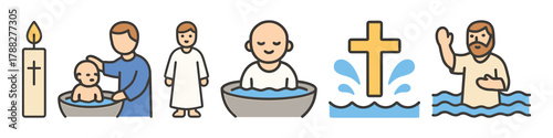 Baptism symbols and ceremony stages in simple illustrations