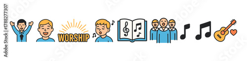 Worship icons: singing, choir, music notes, guitar, praise emoji art