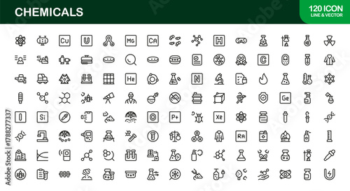 Chemical Thin Icon Set. Lightweight, precise icons for lab research, molecular diagrams, and chemical safety tracking.
