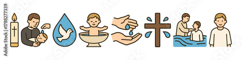 Baptism symbols: candle cross water dove ritual illustration sequence