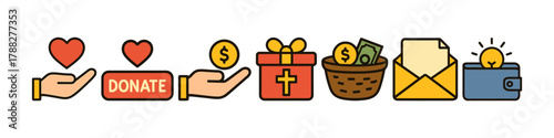 Charity and donation icons: hearts, coins, gifts, envelopes