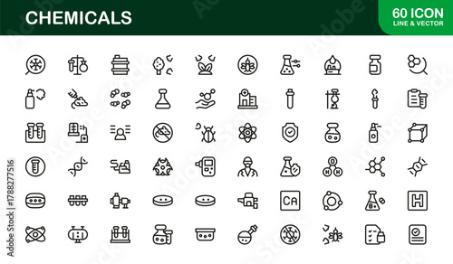 Chemicals Line Icon Set. Modern and Professional icons for laboratory, reactions, and chemical tools
