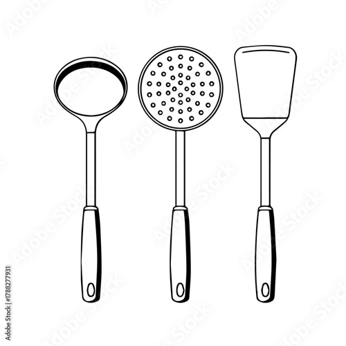 A collection of kitchen utensil icons in a simple line art style, featuring a ladle, skimmer, and spatula for cooking