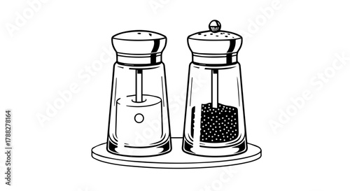 Detailed illustration of a timeless salt and pepper grinder set, elegantly placed on a serving tray, perfect for culinary seasoning and enhancing flavors at any dining table