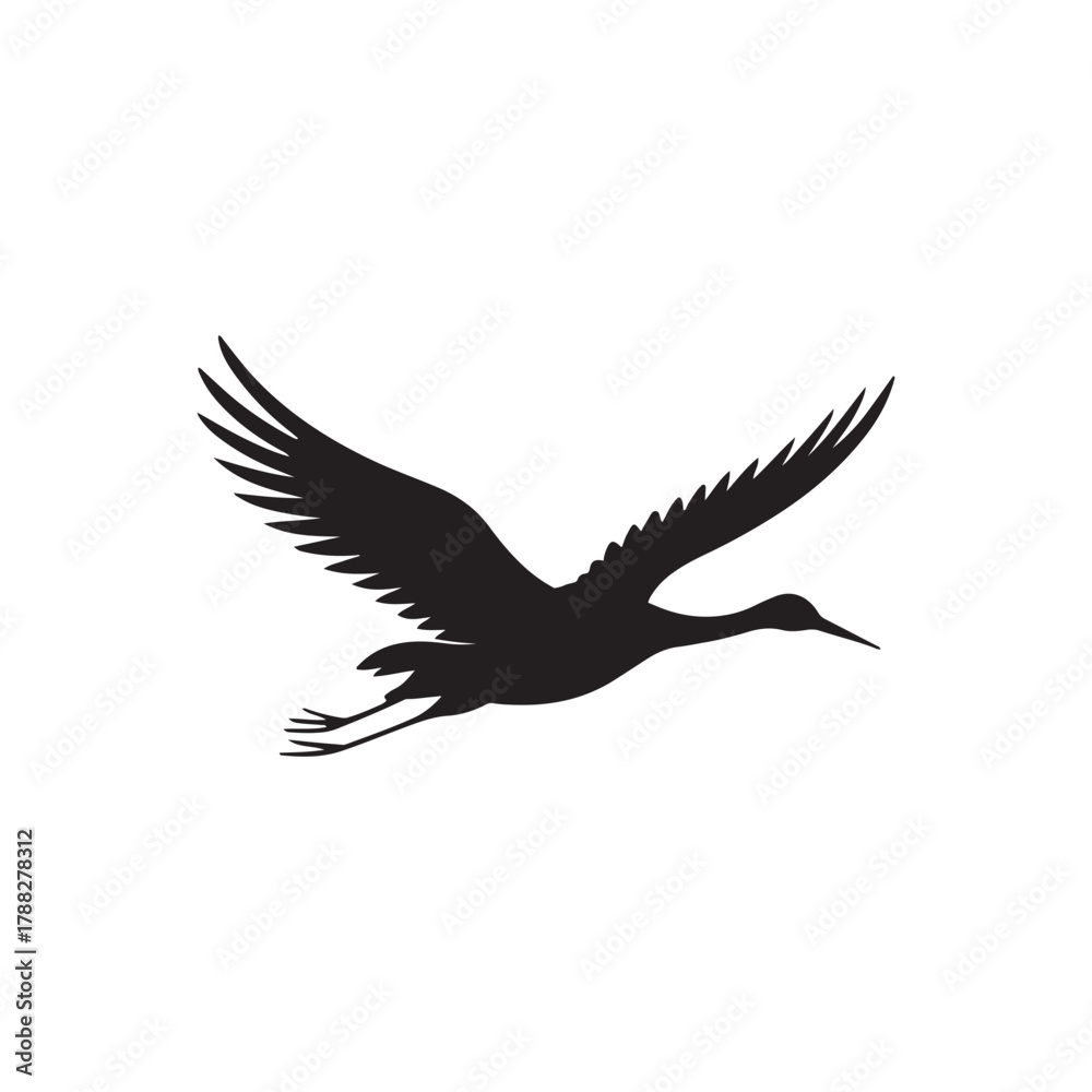 Obraz premium Black Silhouette of Sandhill Crane Gracefully Flying Against White Background