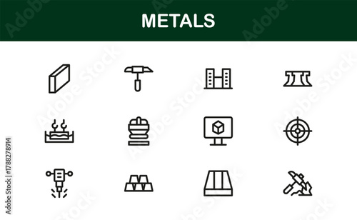 Metals Stroke Icon Set. Strong and Creative icons for steel, alloys, and industrial metals
