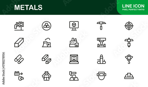 Metals Thin Icon Set. Minimal and Professional icons for industrial metals, alloys, and materials
